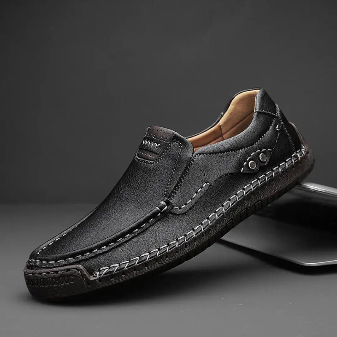 Men's brown genuine leather classic loafers with hand-stitched detailing and cushioned insole