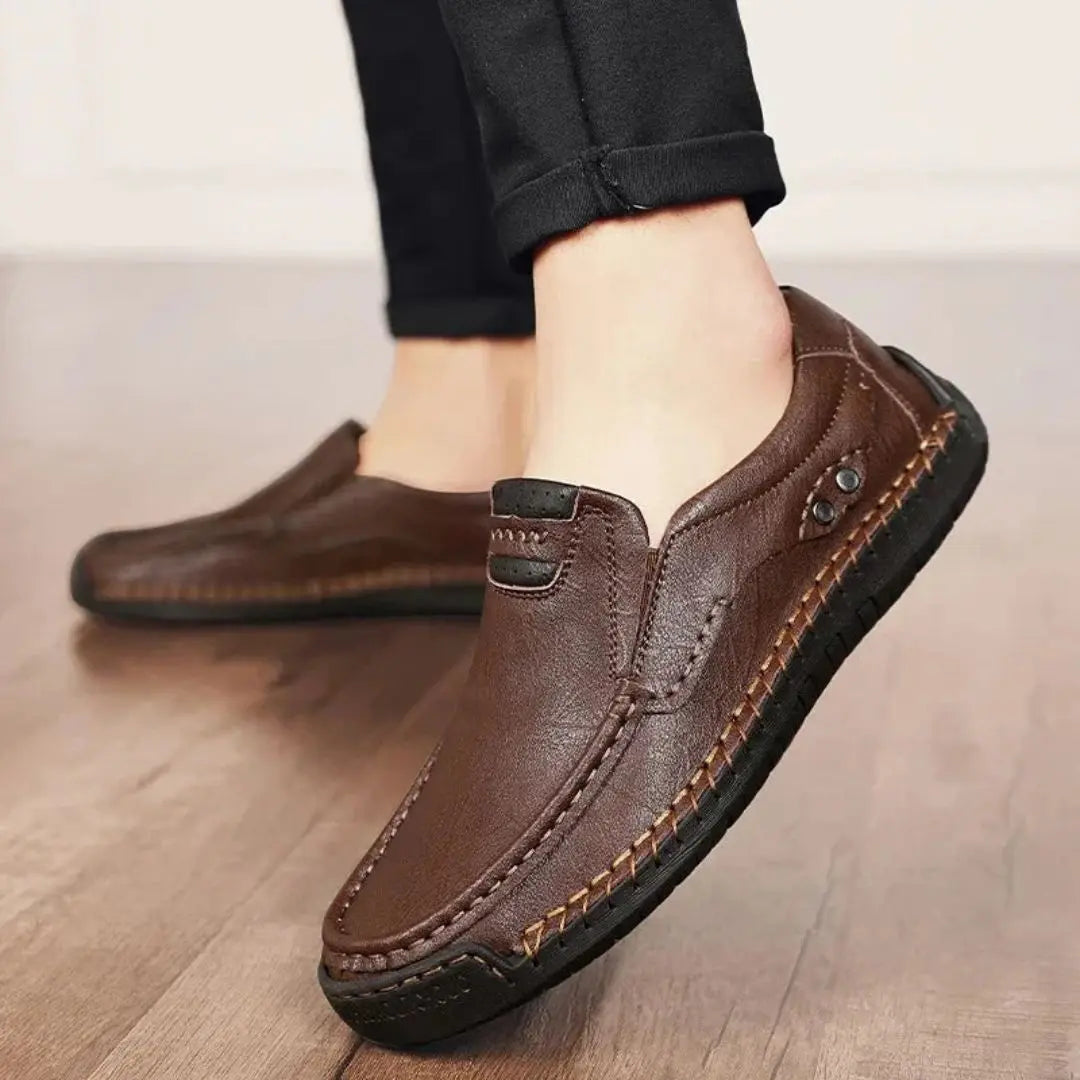 Men's brown classic genuine leather loafers slip-on with hand-stitched detailing and cushioned insole
