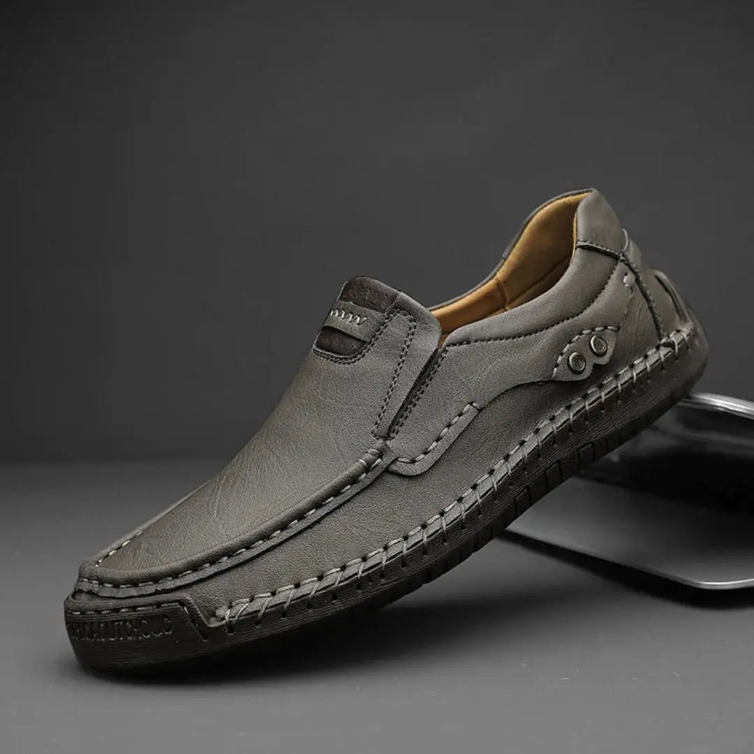 Men's brown classic genuine leather loafers slip-on hand-stitched cushioned insole durable grip
