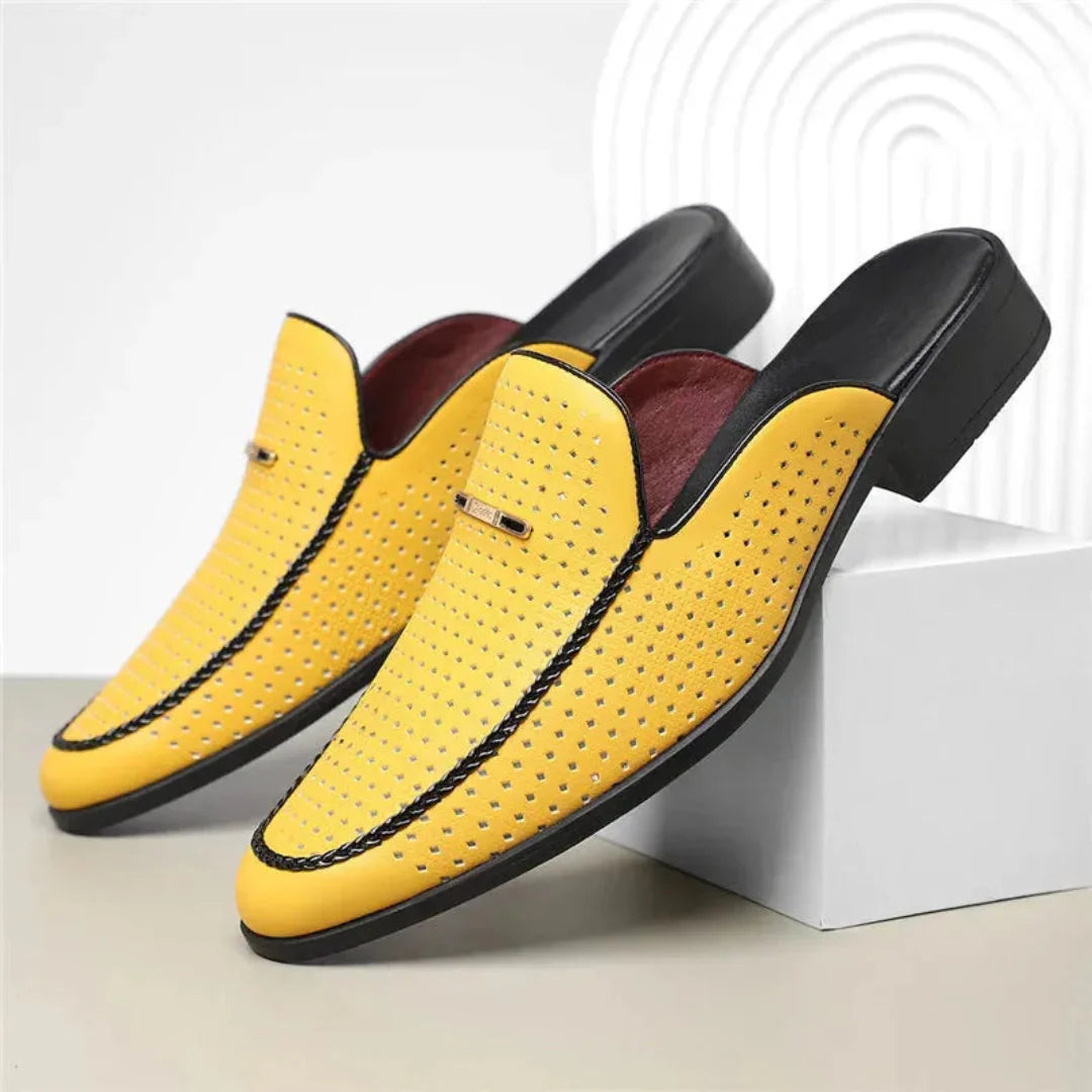 Women's tan leather slip-on mule with laser-cut perforations backless breathable everyday comfort design