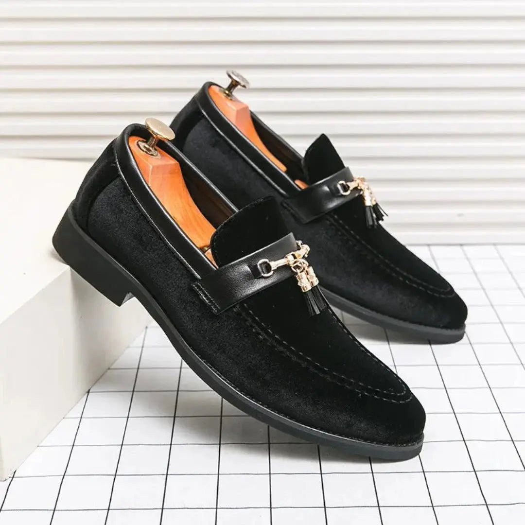 Luca Marq velvet loafers with gold metal tassel detail, luxury slip-on for bold night outfits