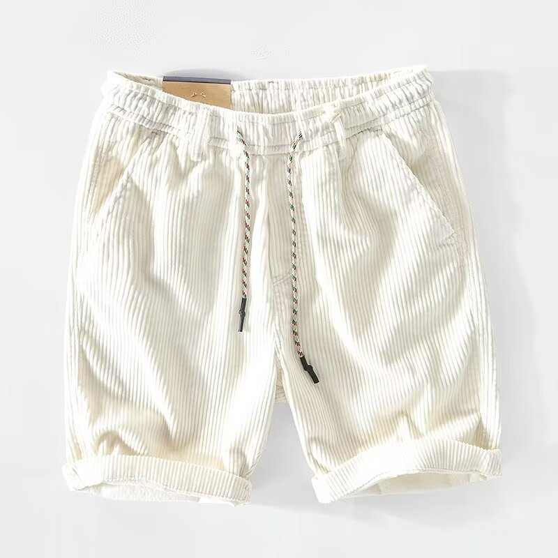 Men's relaxed corduroy shorts elastic drawstring waist rolled hem side pockets vintage style