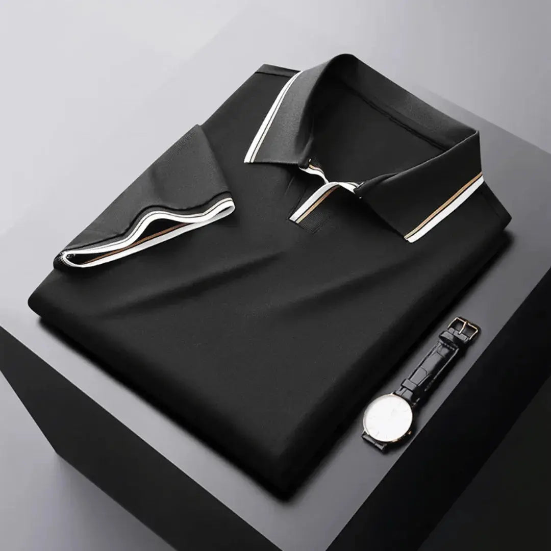 Men's short-sleeve polo shirt tailored fit soft knit fabric with contrast collar trim two-button placket