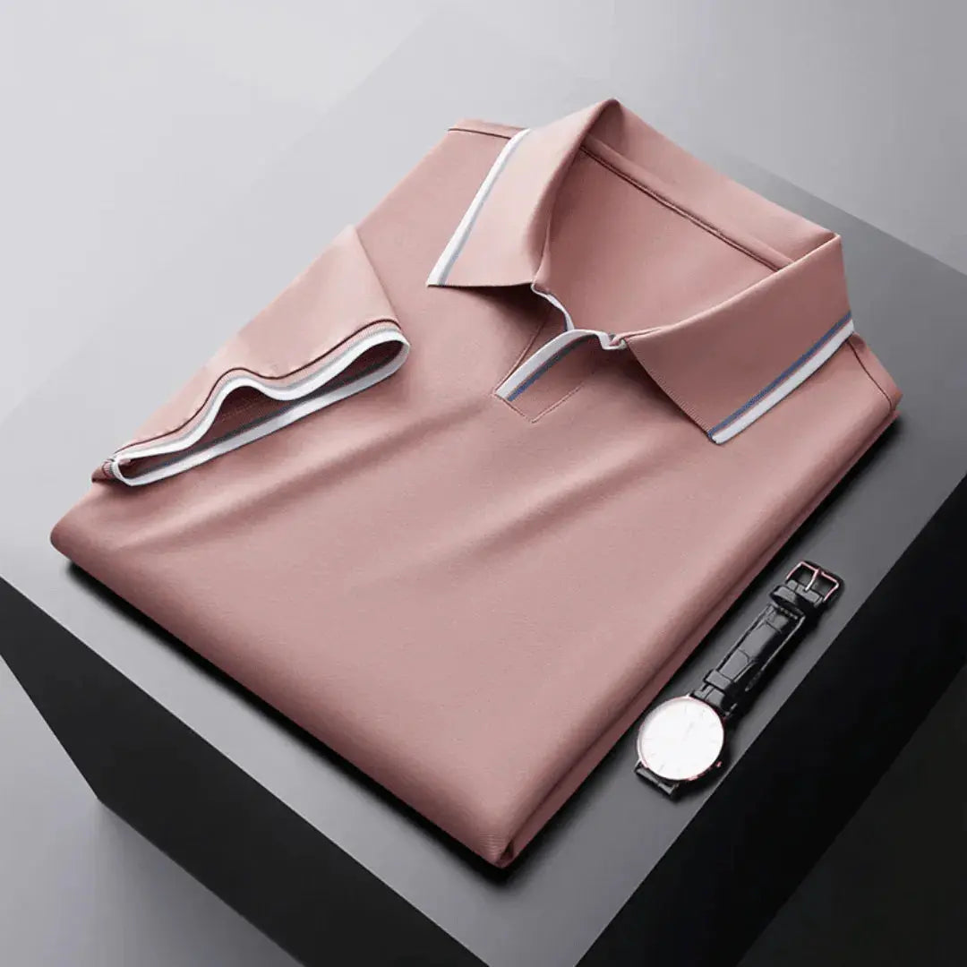Men's short-sleeve polo shirt tailored fit soft knit fabric with contrast collar trim two-button placket