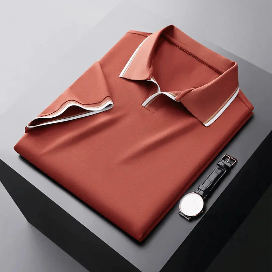Men's short-sleeve polo shirt tailored fit soft knit fabric with contrast collar trim two-button placket