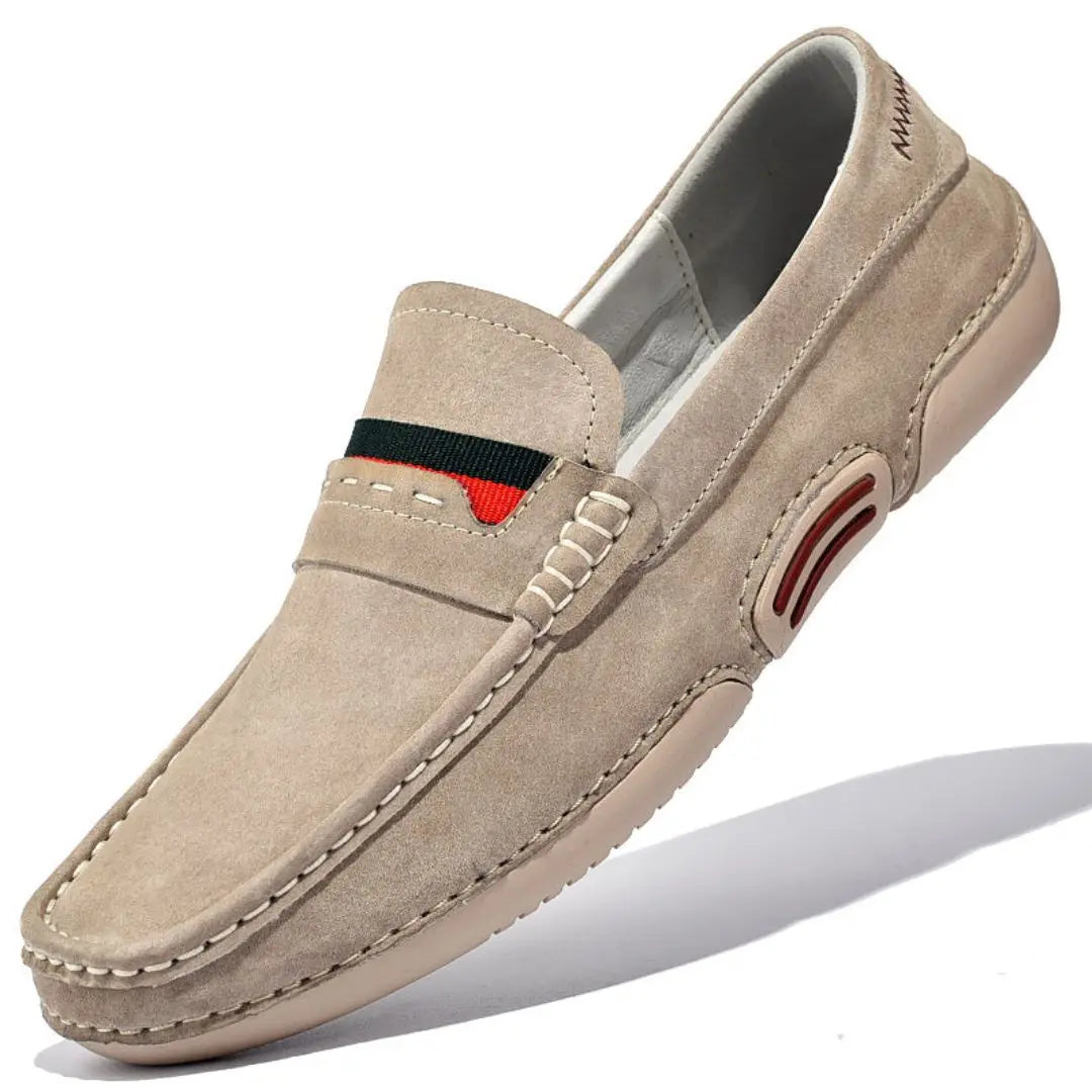 Luca tan suede penny loafers with contrast stitching and flexible rubber sole for men