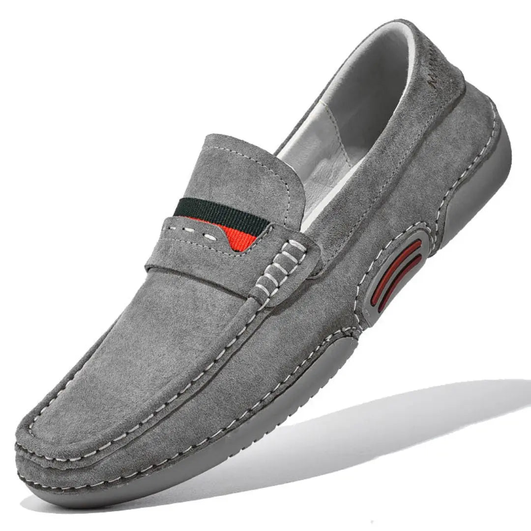 Luca brown suede penny loafers with contrast stitching and flexible rubber sole for men