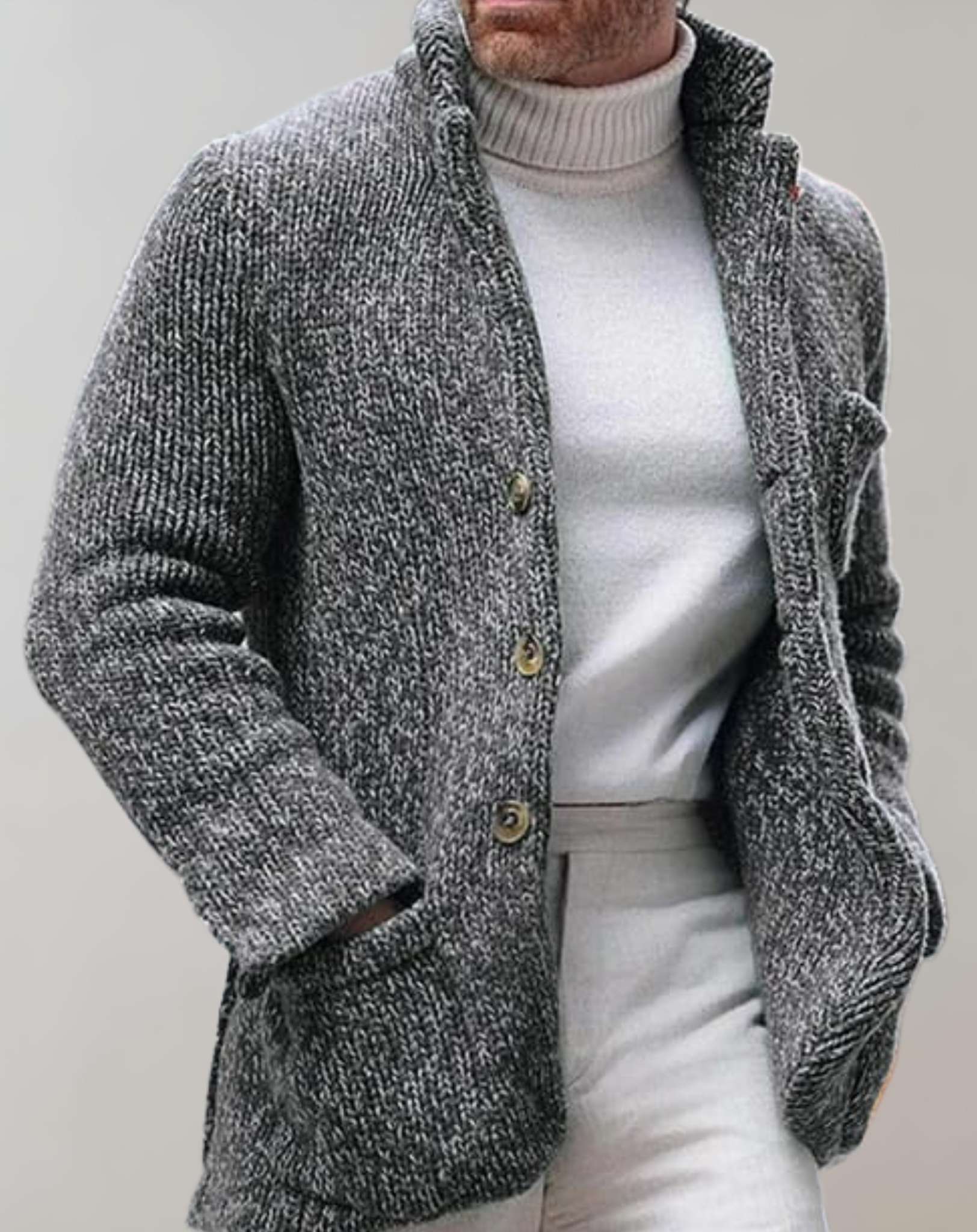 Men's chunky knit wool cardigan relaxed fit standing collar button front sweater layered warmth