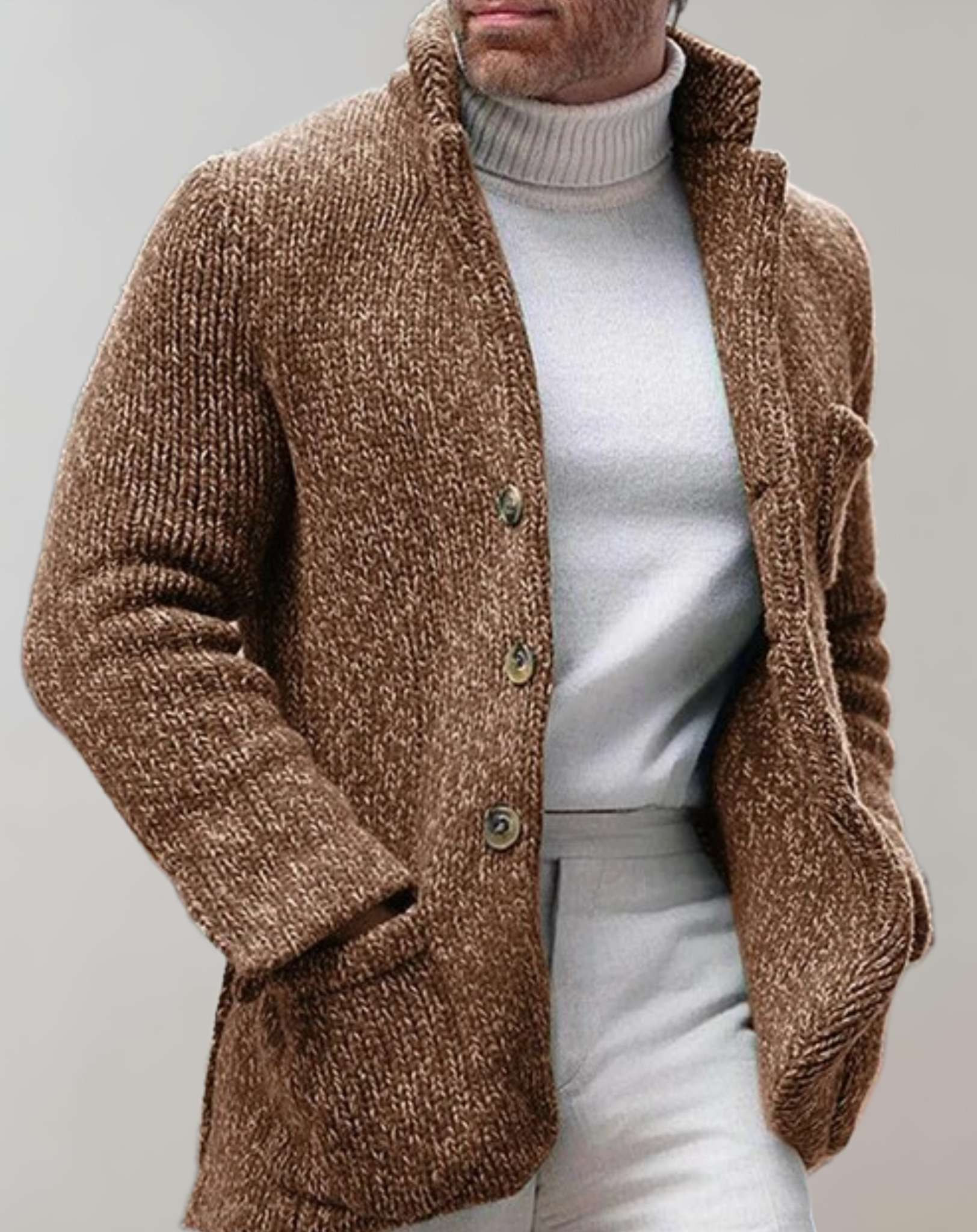 Men's chunky knit wool cardigan relaxed fit standing collar button front sweater layered warmth