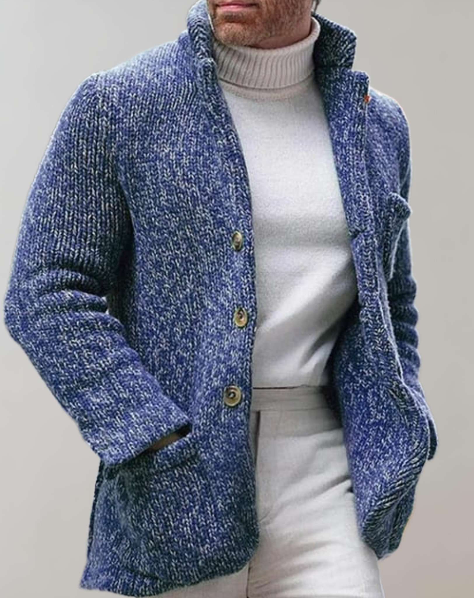 Men's chunky knit wool cardigan relaxed fit standing collar button front sweater layered warmth
