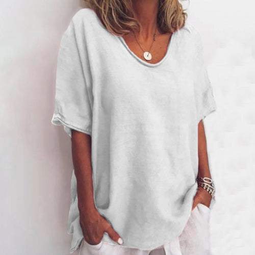 Women's relaxed fit linen-look white t-shirt with side slits and round neckline