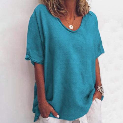 Women's white linen-look relaxed fit T-shirt with side slits and airy lightweight texture