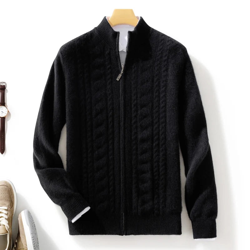 Charcoal cashmere cable-knit cardigan with zip front, tailored fit for modern professionals