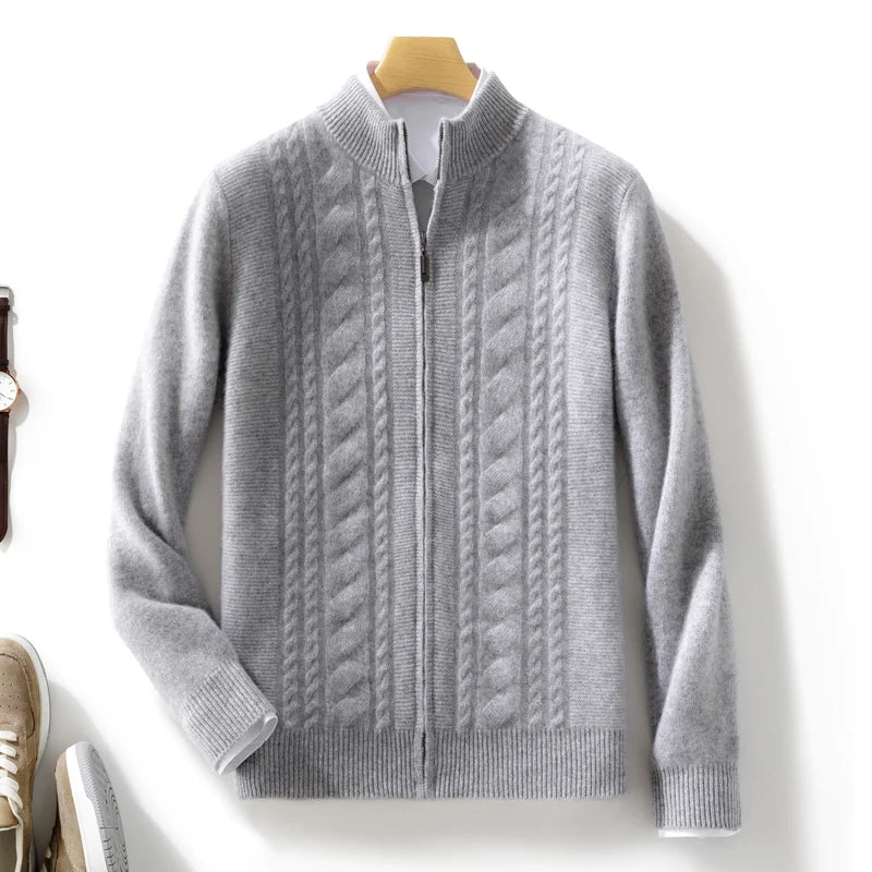 Charcoal cashmere cable-knit zip-front cardigan with luxurious texture for modern professionals