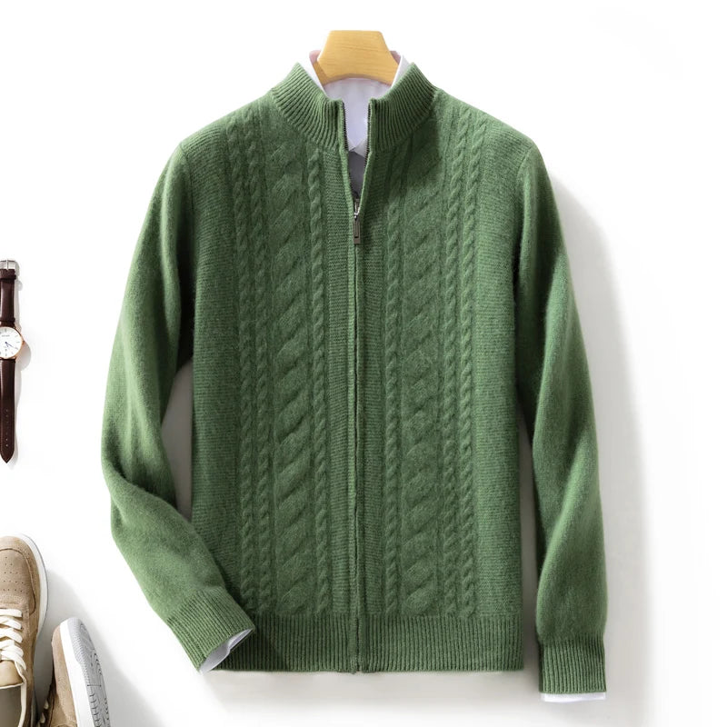 Charcoal cashmere cable-knit zip-front cardigan with luxurious texture for modern professionals