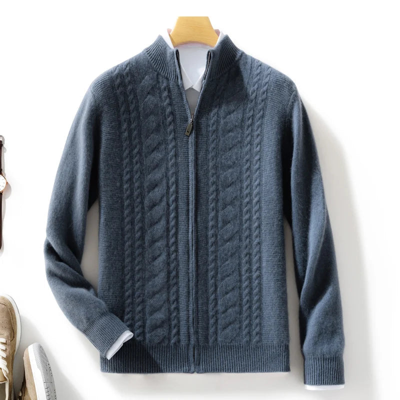 Luxurious cashmere cable-knit cardigan with zip front closure, tailored fit for modern professionals