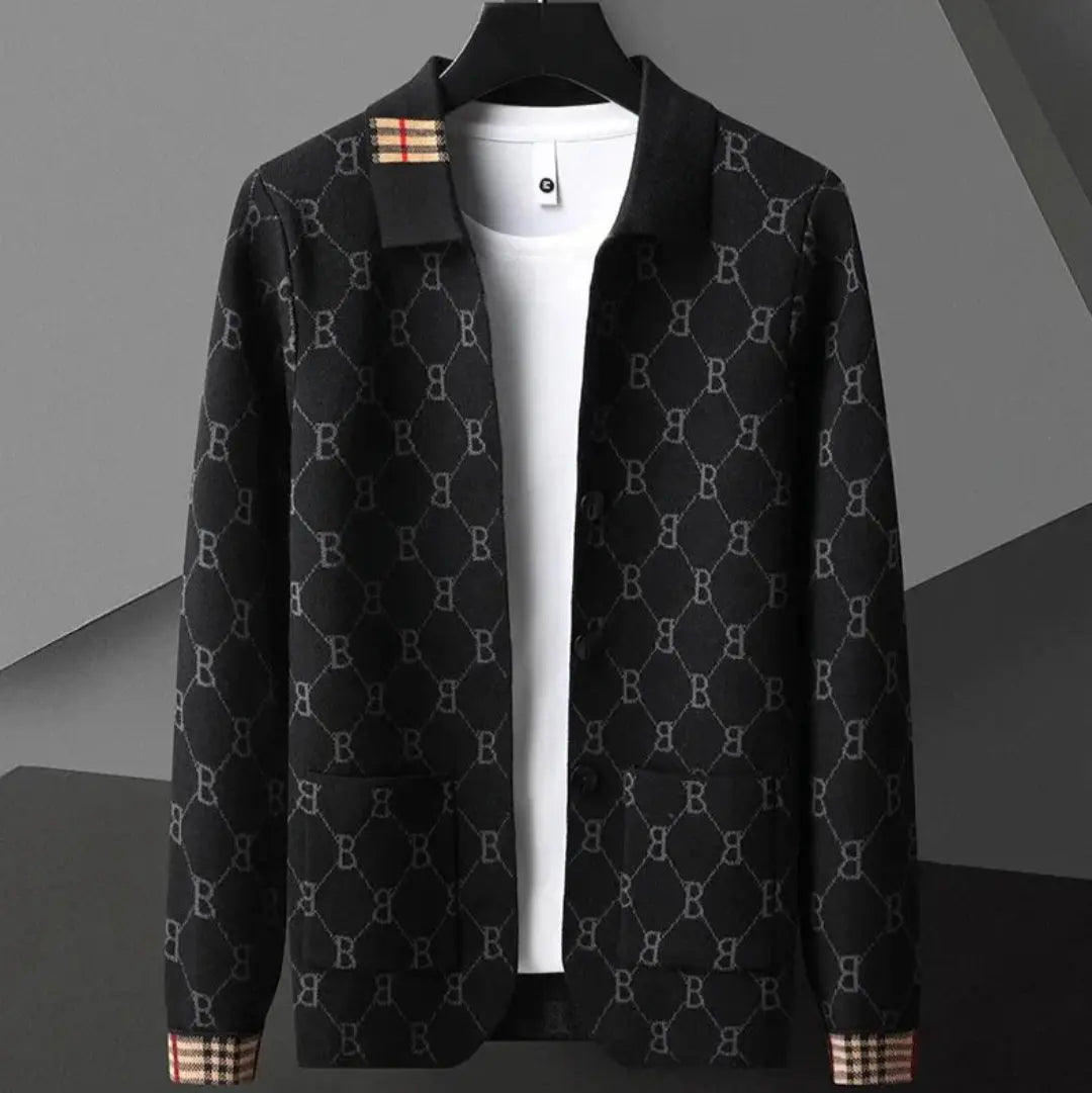 Men's navy blue knit cardigan soft premium weave interlocking monogram pattern timeless elegant style