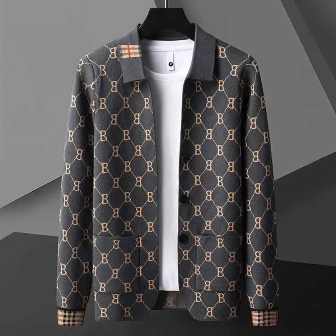 Men's navy blue knit cardigan soft premium woven fabric interlocking monogram pattern timeless style