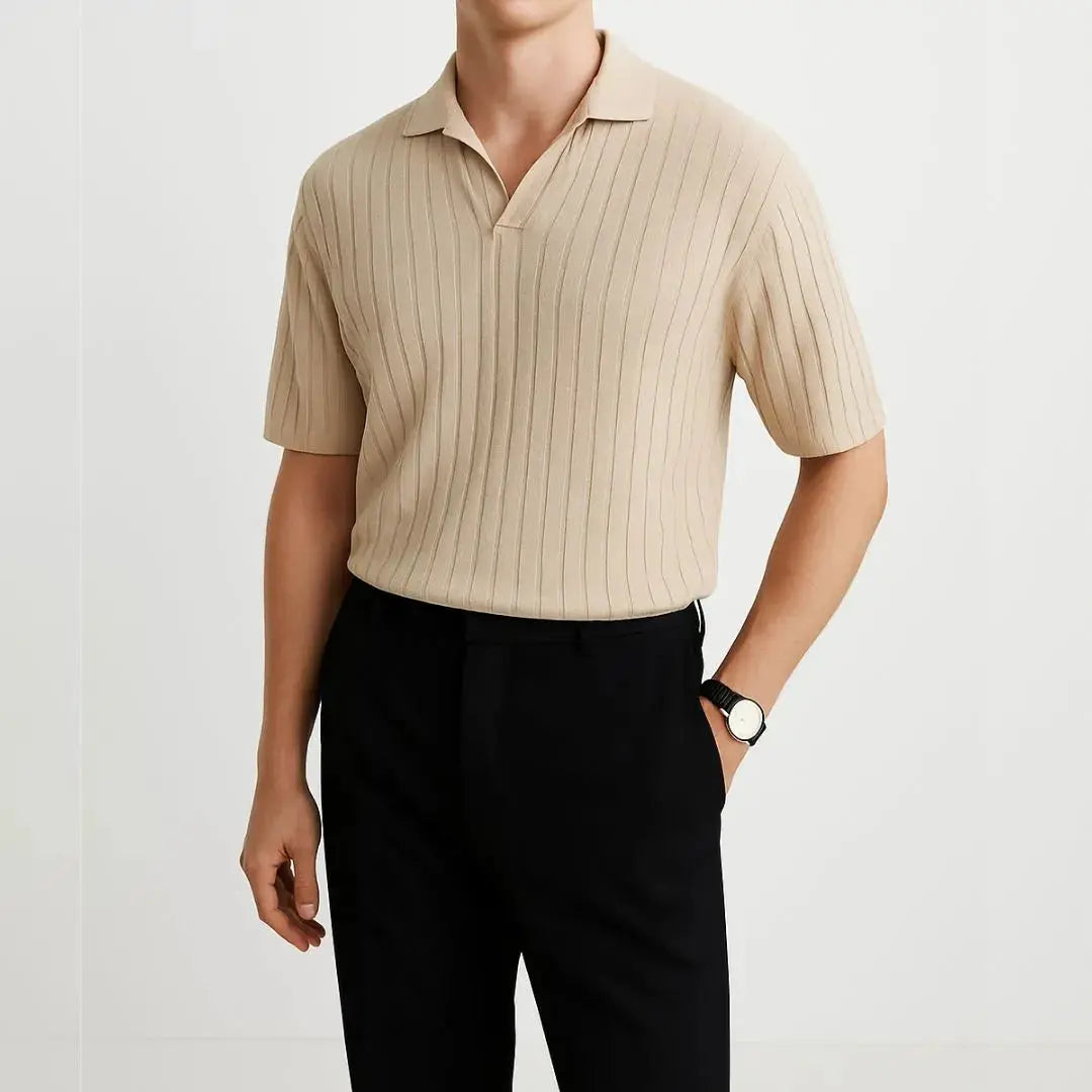 Men's ribbed knit polo shirt modern smart casual open collar breathable polyester viscose blend