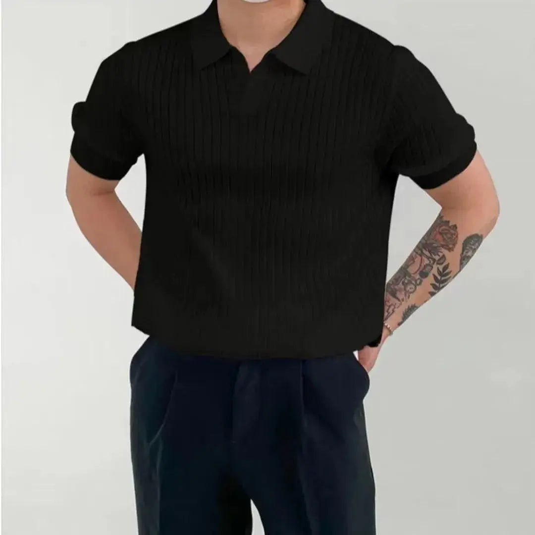 Men's ribbed knit polo shirt modern smart casual open collar breathable polyester viscose blend