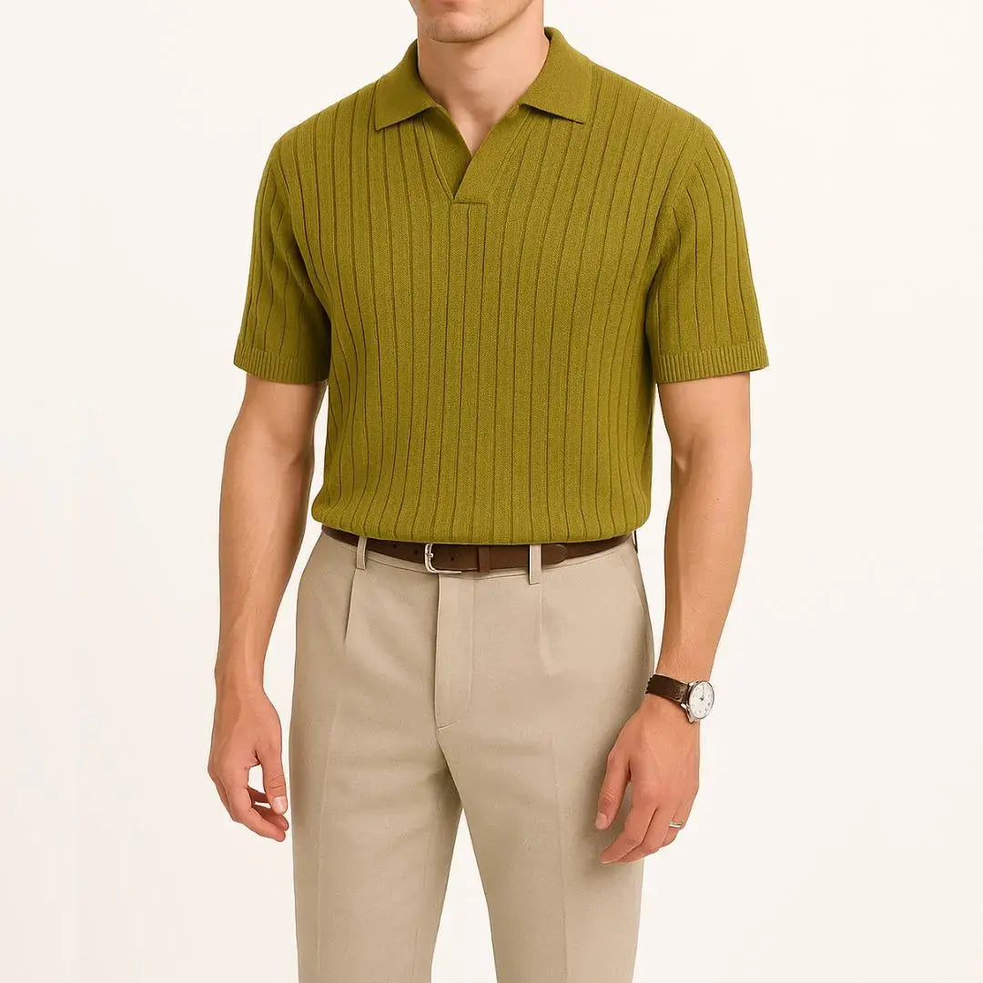 Men's ribbed knit polo shirt modern slim fit breathable polyester viscose open collar smart casual