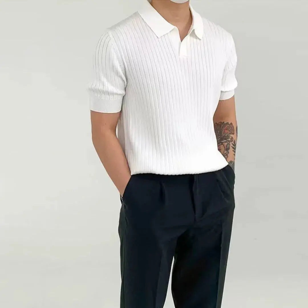 Men's ribbed knit polo shirt modern smart casual open collar breathable polyester viscose blend