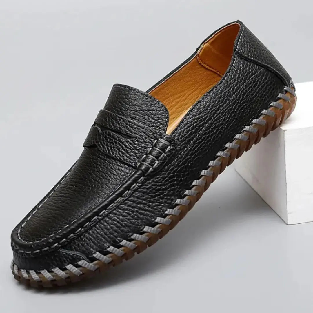 Men's tan soft leather loafers lightweight breathable slip-on shoes with polished finish