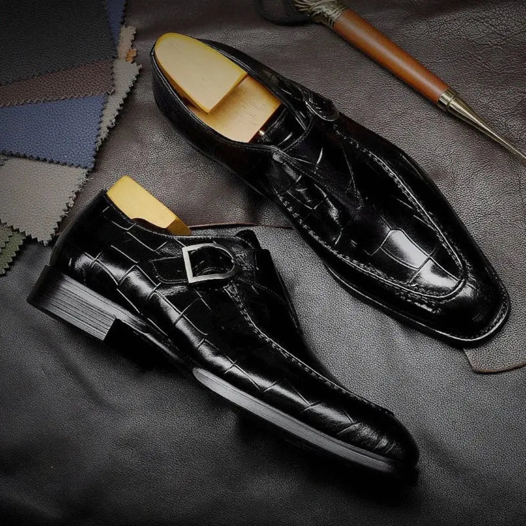 Lucien Regal black alligator-embossed monk strap dress shoes with double buckle closure