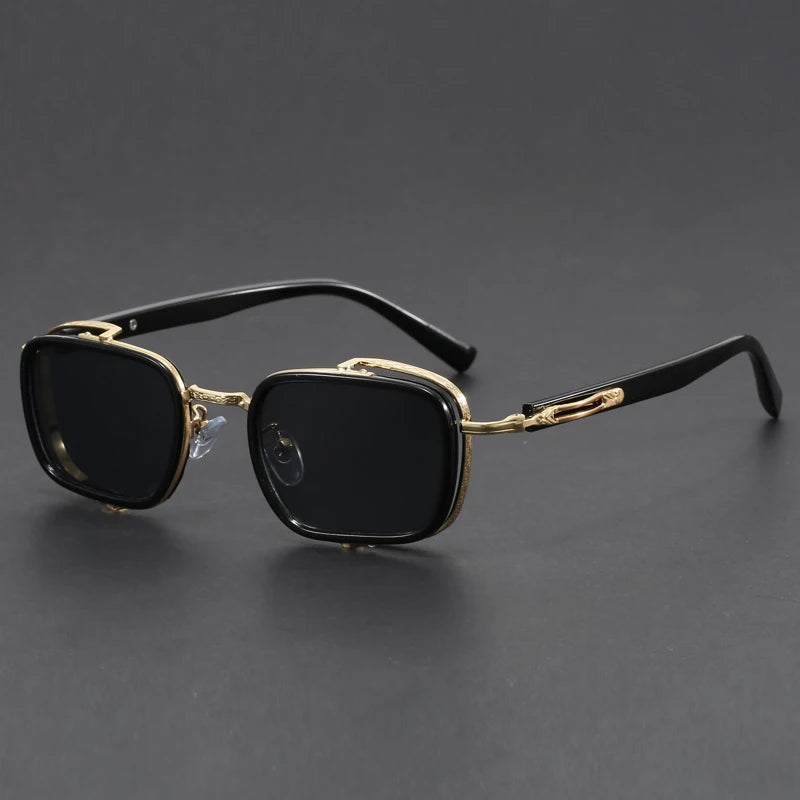 Lucien retro square sunglasses with tinted lenses, metal trim accents, and engraved arms for vintage style