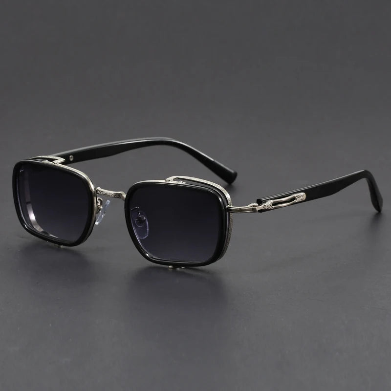Lucien retro square sunglasses with UV tinted lenses, metal trim, and engraved arms for vintage style