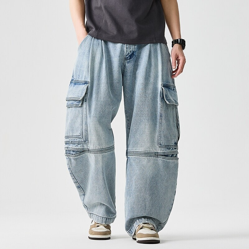 Lucien wide-leg cargo denim pants heavyweight stonewashed distressed oversized pockets streetwear