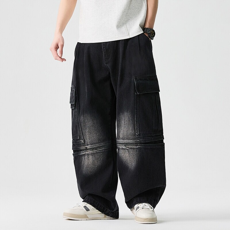 Lucien wide-leg cargo denim pants heavyweight stonewashed distressed streetwear oversized pockets
