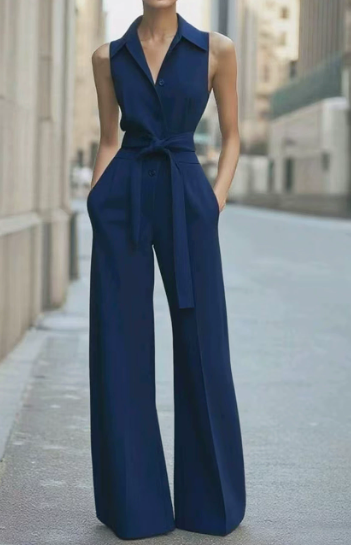 Blanc | Women's Sleeveless Wide Leg Jumpsuit Belted Formal