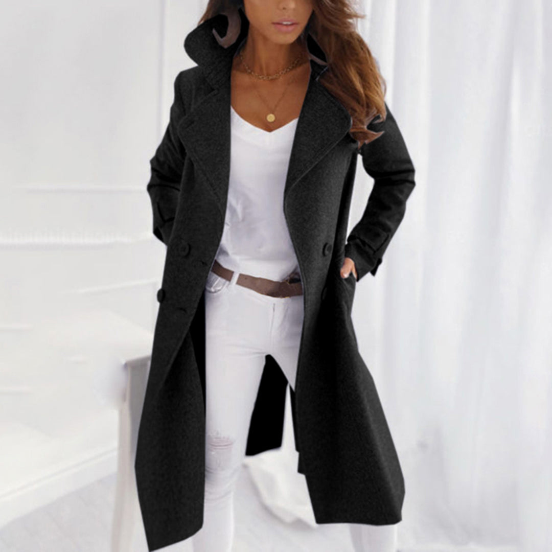 Women's wool blend long tailored coat double-breasted wide lapels elegant winter outerwear