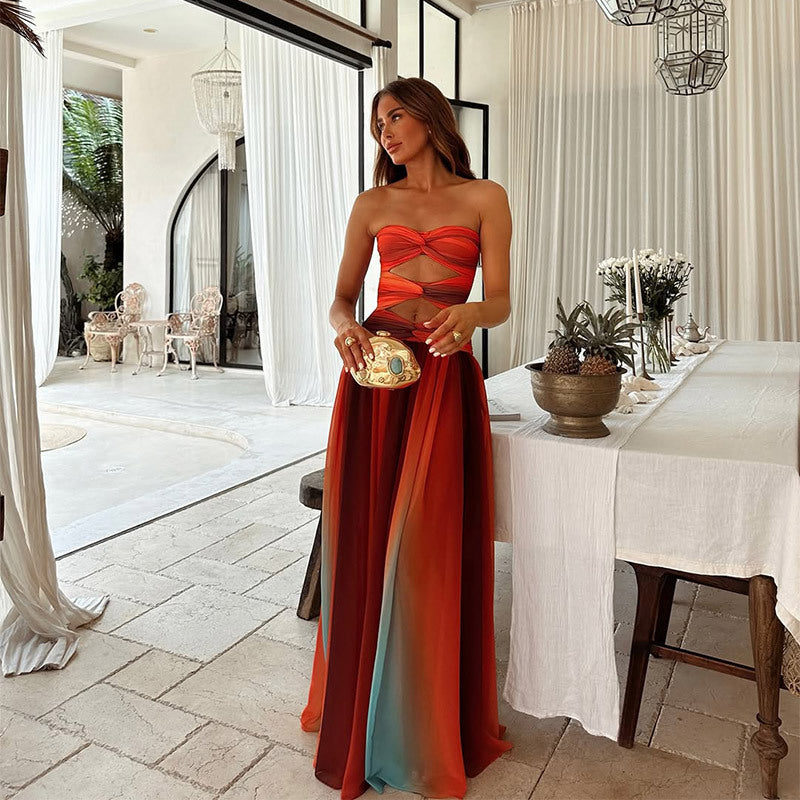 Strapless chiffon maxi prom dress in A-line silhouette with front knot detail for elegant evenings