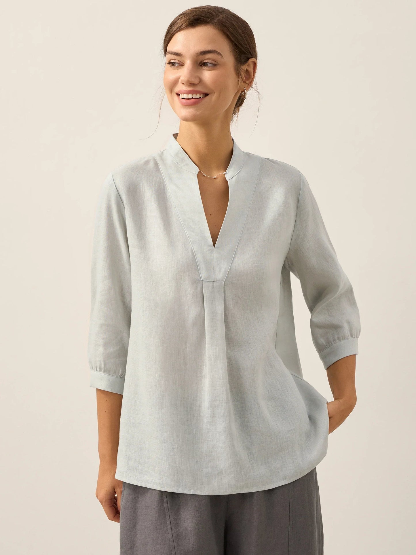 Women's white linen shirt relaxed fit breathable minimalist summer top with button front