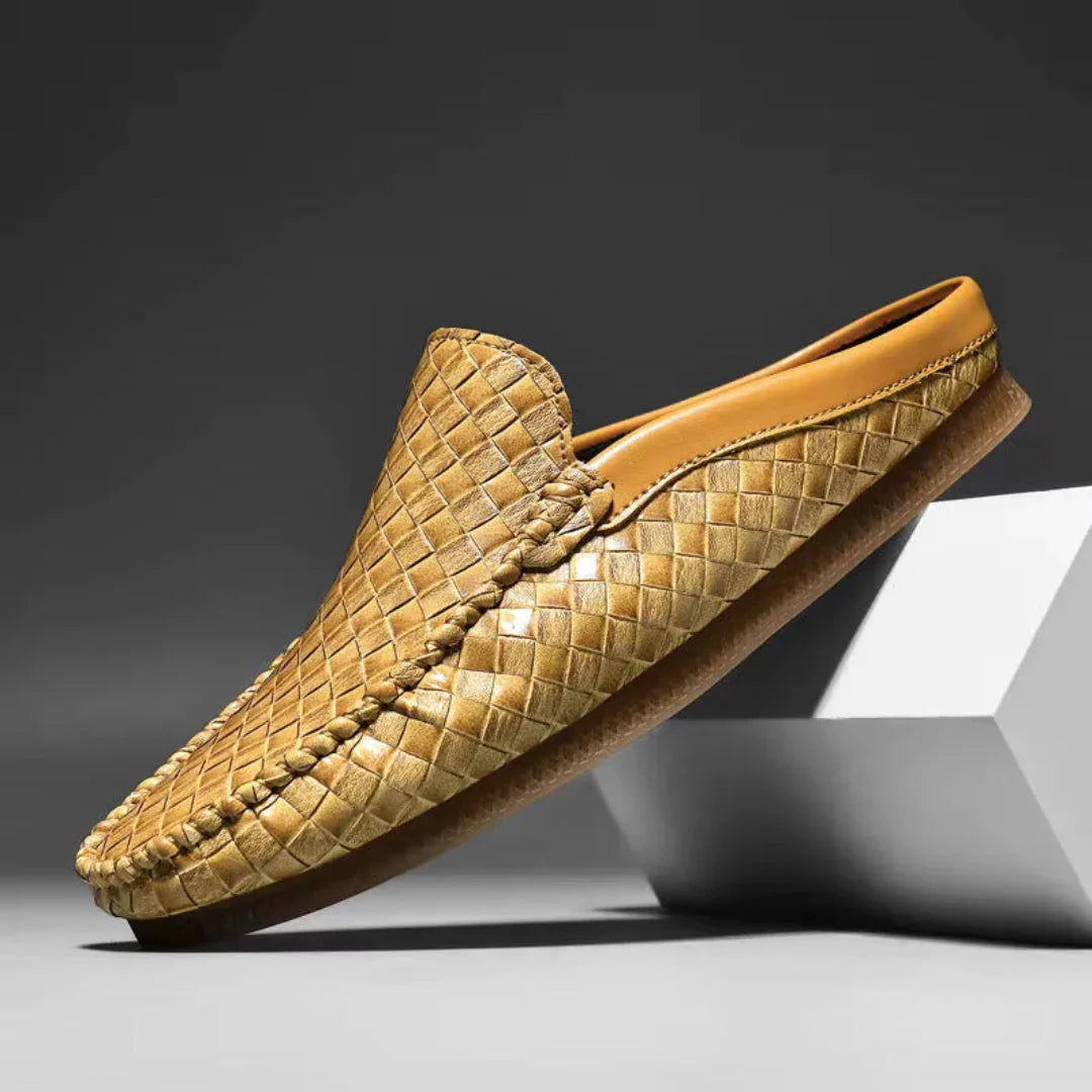 Women's handwoven leather slip-on mules in neutral tone with memory foam insole artisan texture