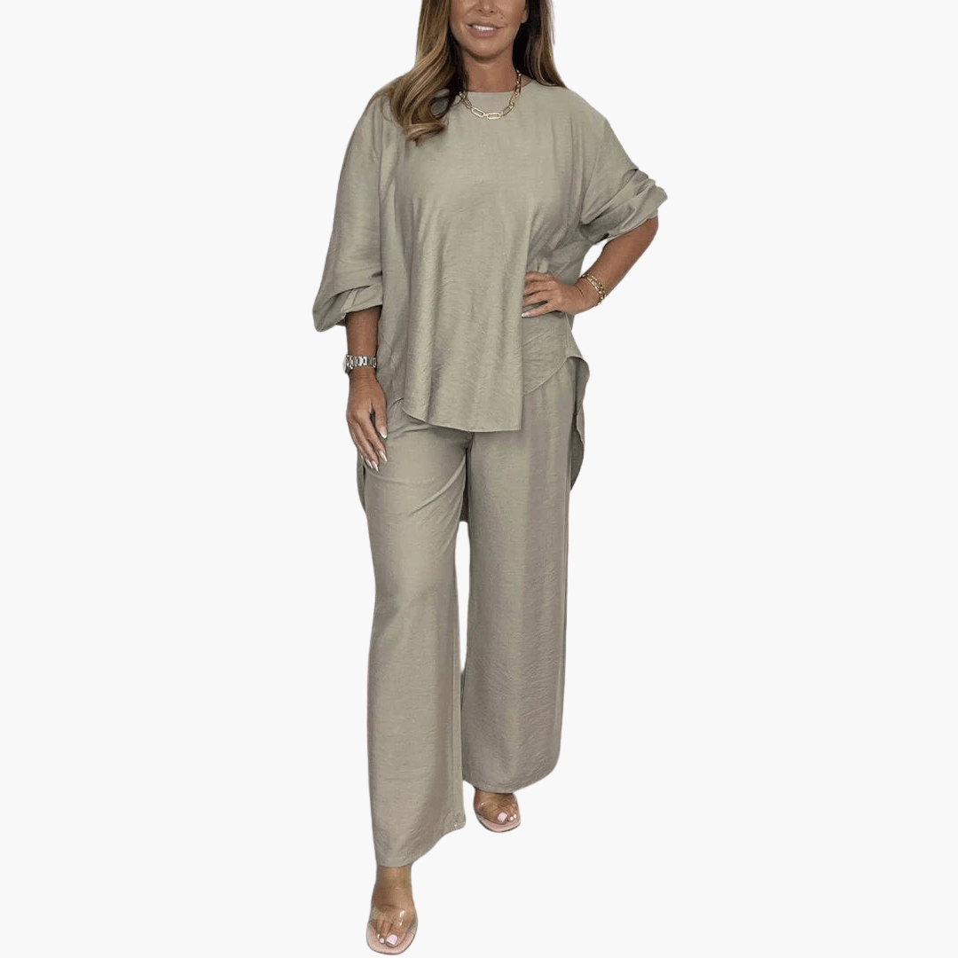 Women's loungewear set wide-leg pants loose blouse round neckline flowing silhouette casual chic