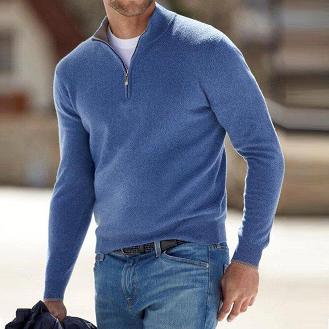 Men's slim fit quarter zip knit sweater high collar cotton blend casual office wear