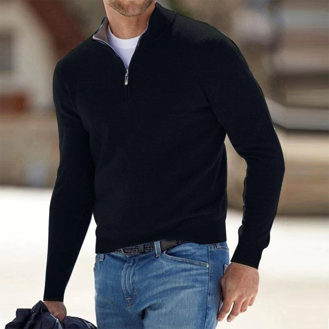 Men's gray half-zip fleece pullover with modern slim silhouette and adjustable zip collar