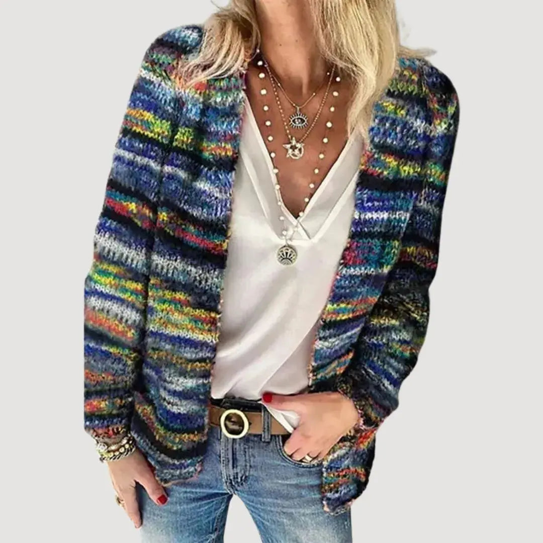 Women's chunky knit open-front cardigan multicolor boho stripe breathable cotton relaxed layering essential