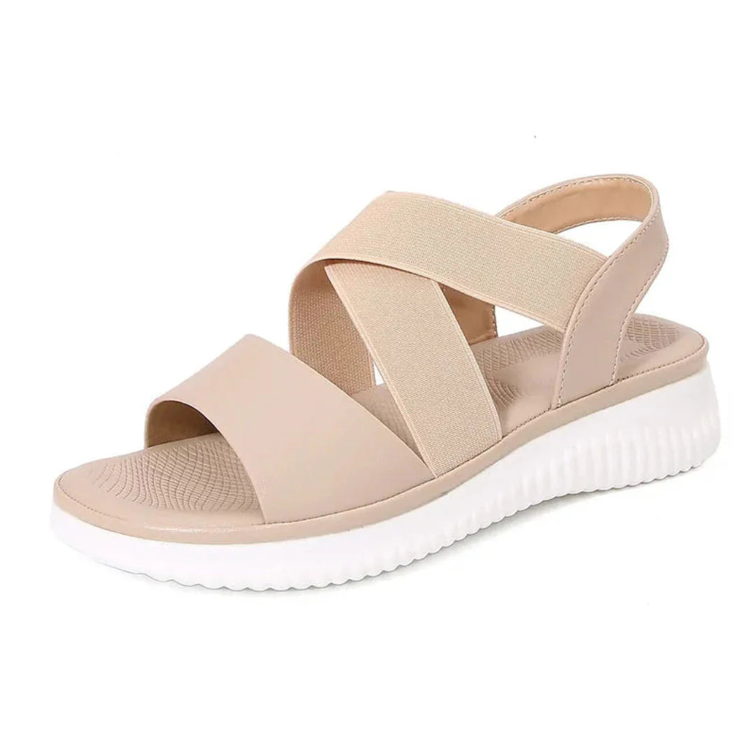 Women's Luna beige PU leather open-toe crisscross elastic slingback sandals with cushioned footbed