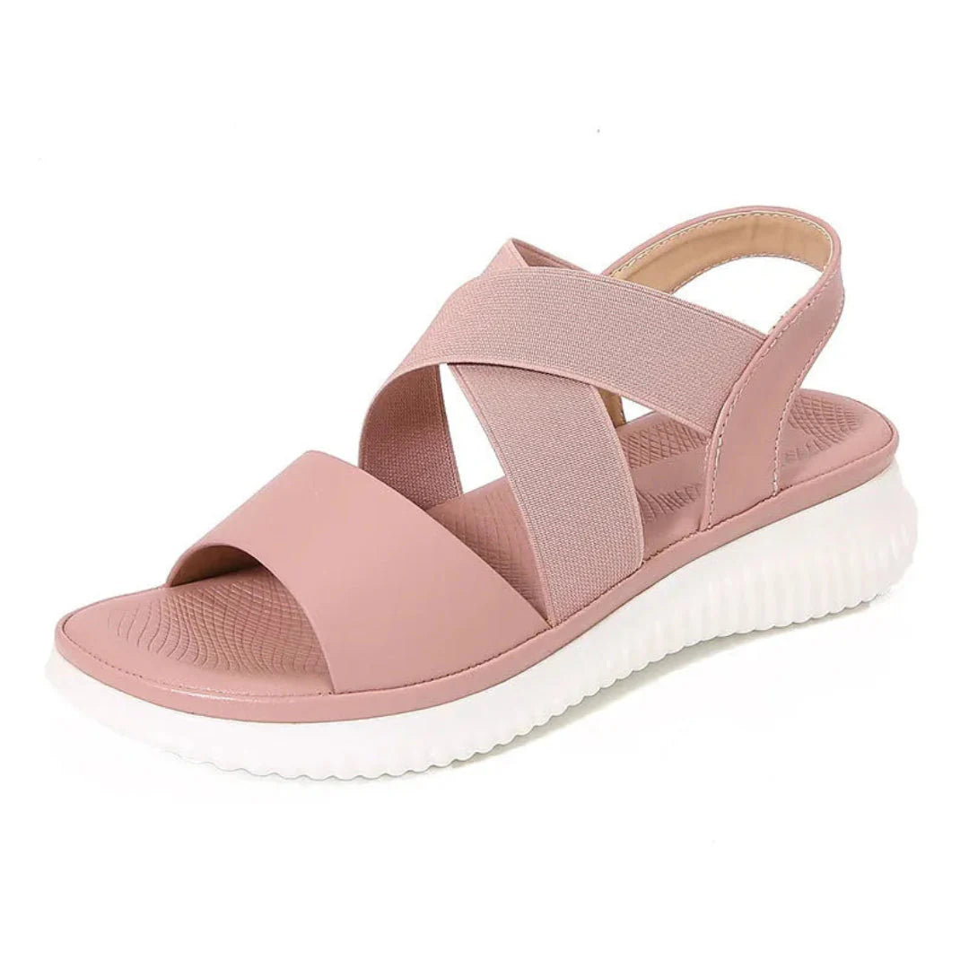 Women's beige PU leather open-toe crisscross elastic slingback sandals with cushioned footbed