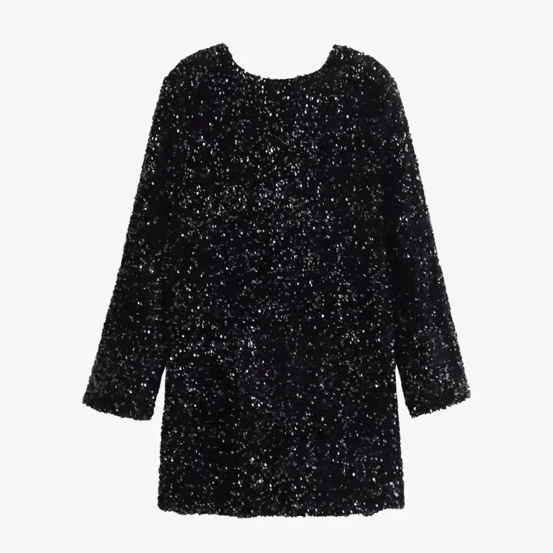 Silver all-over sequin long sleeve mini dress with round neckline for glamorous evenings