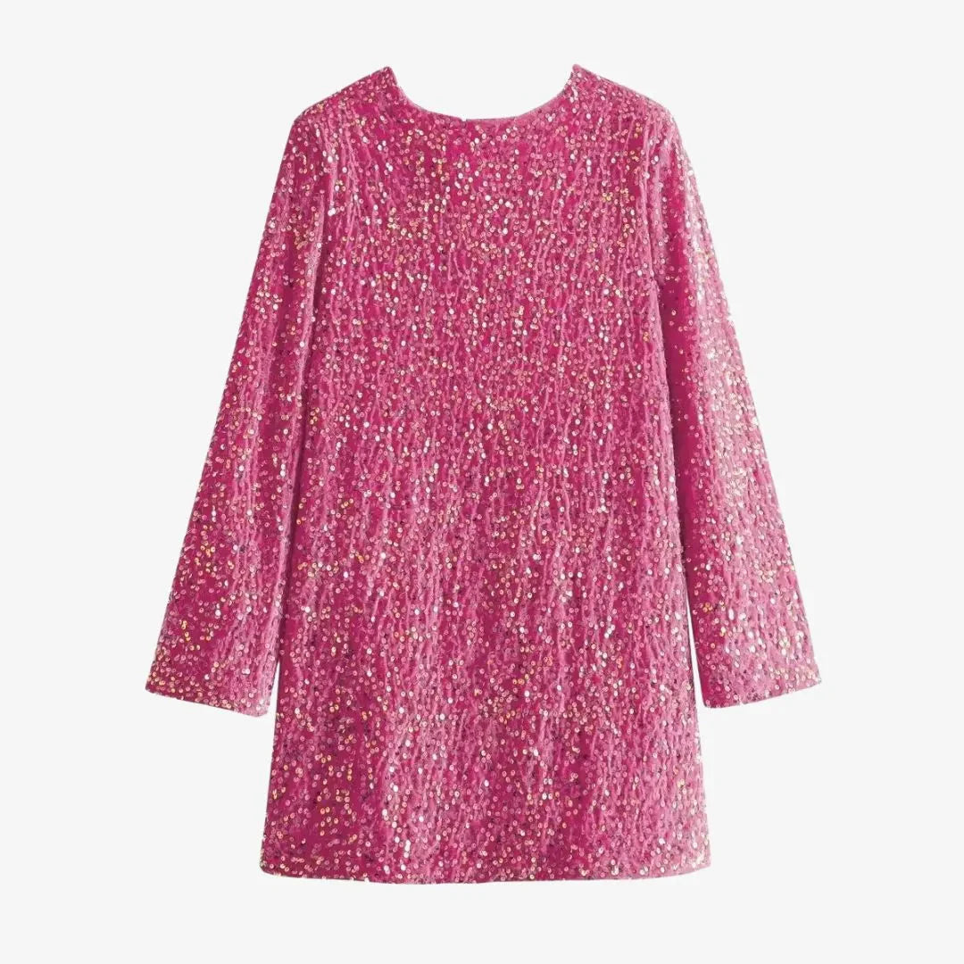 Silver all-over sequin long sleeve mini dress with round neckline for glamorous eveningwear