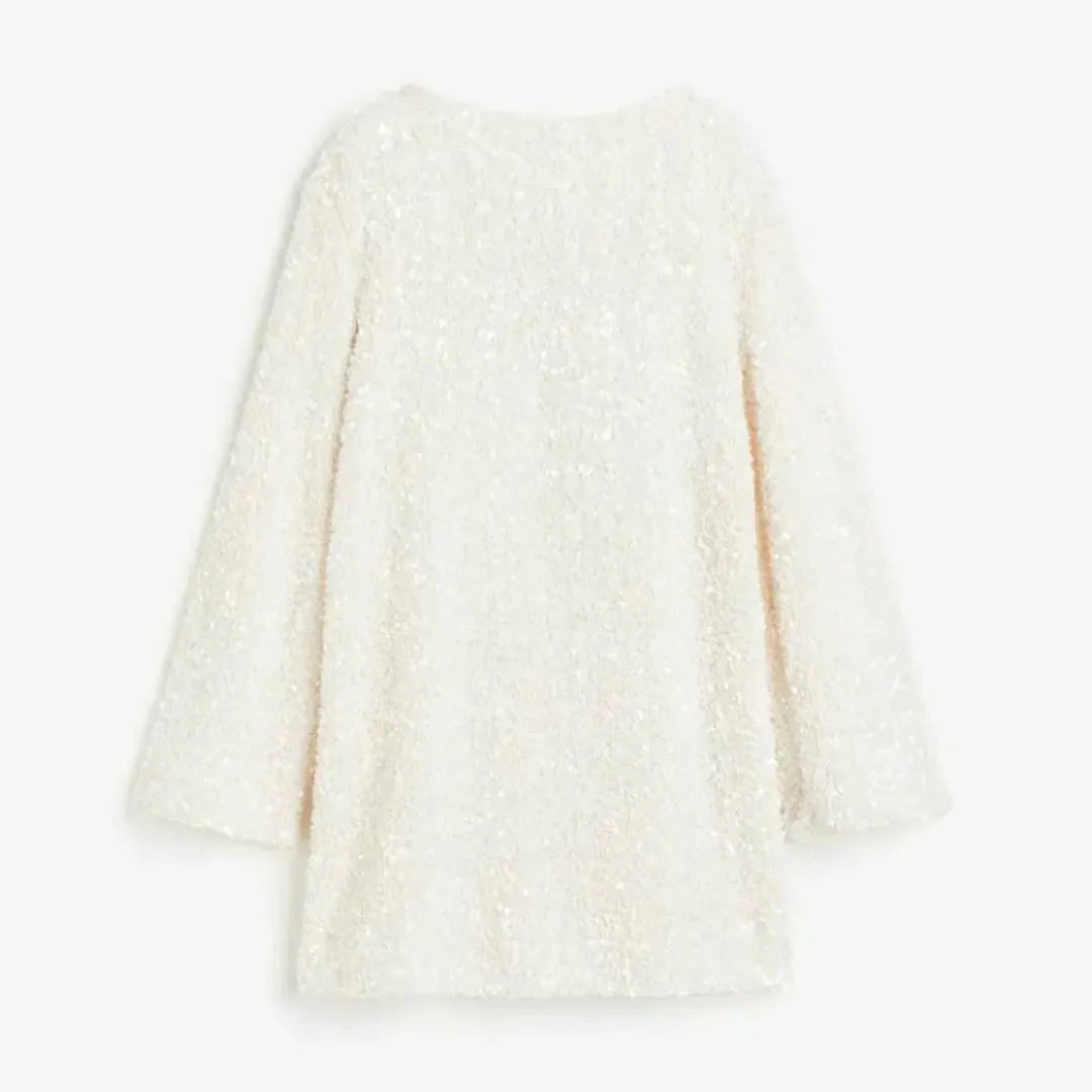 Silver all-over sequin long sleeve mini dress with round neckline for glamorous eveningwear