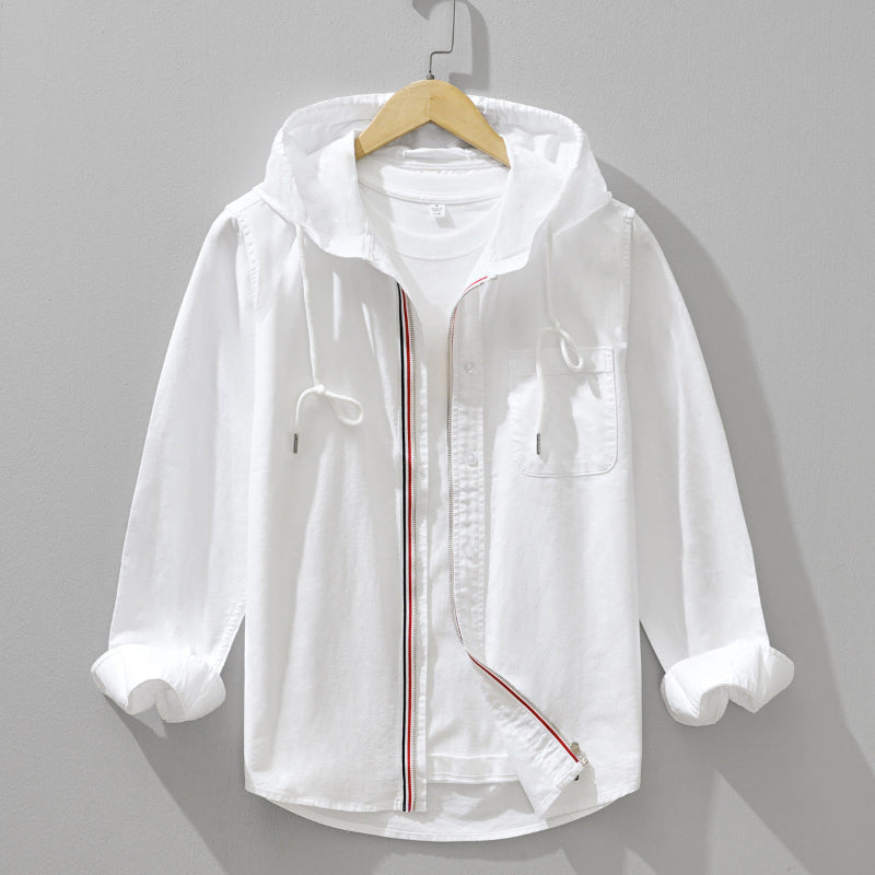 Men's light beige linen-blend hooded overshirt relaxed silhouette breathable featherlight everyday layer