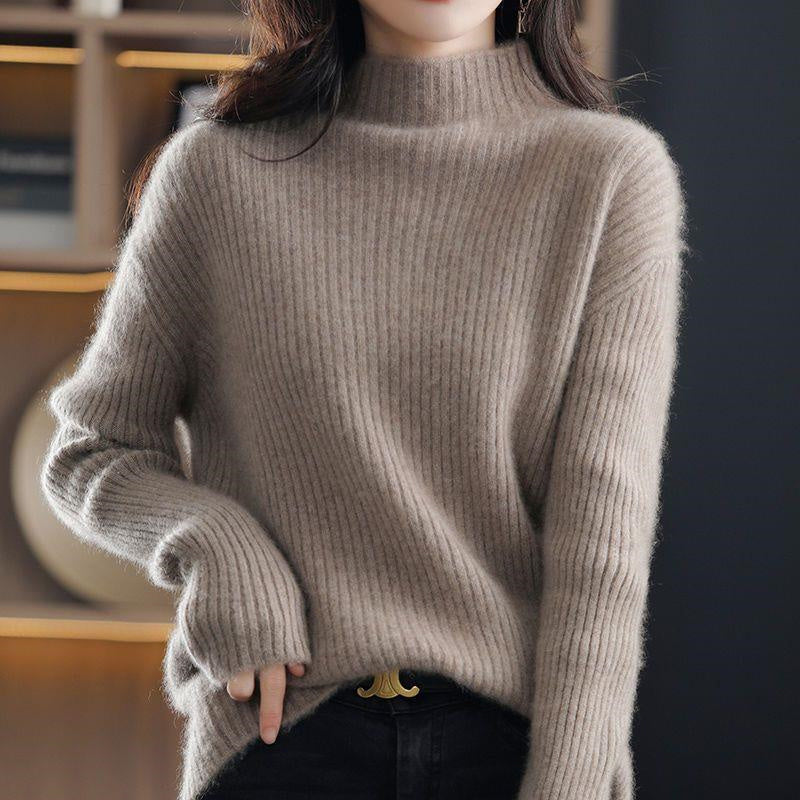 Women's striped turtleneck sweater soft knit cotton-acrylic blend elegant relaxed silhouette luxury everyday