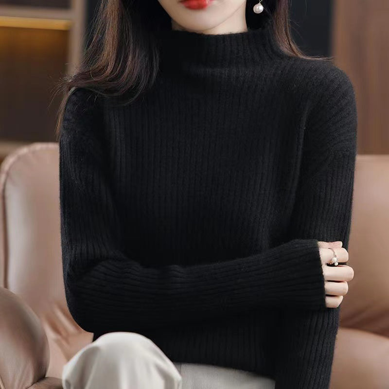 Women's striped turtleneck sweater soft knit cotton-acrylic blend elegant everyday luxury silhouette