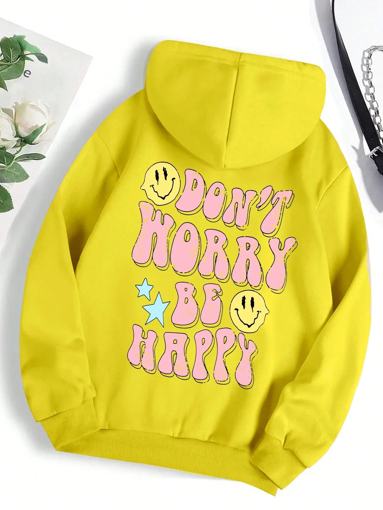 Women's gray fleece hoodie with fun "Don't Worry Be Happy" print, cozy relaxed fit for casual wear